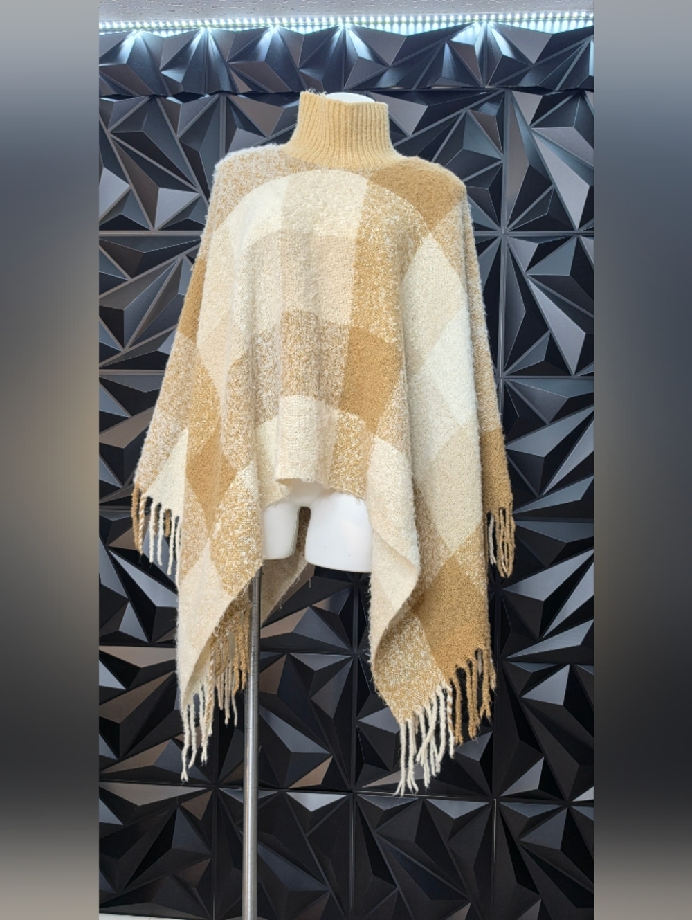 Cozy Beige & Cream Plaid Fringe Poncho